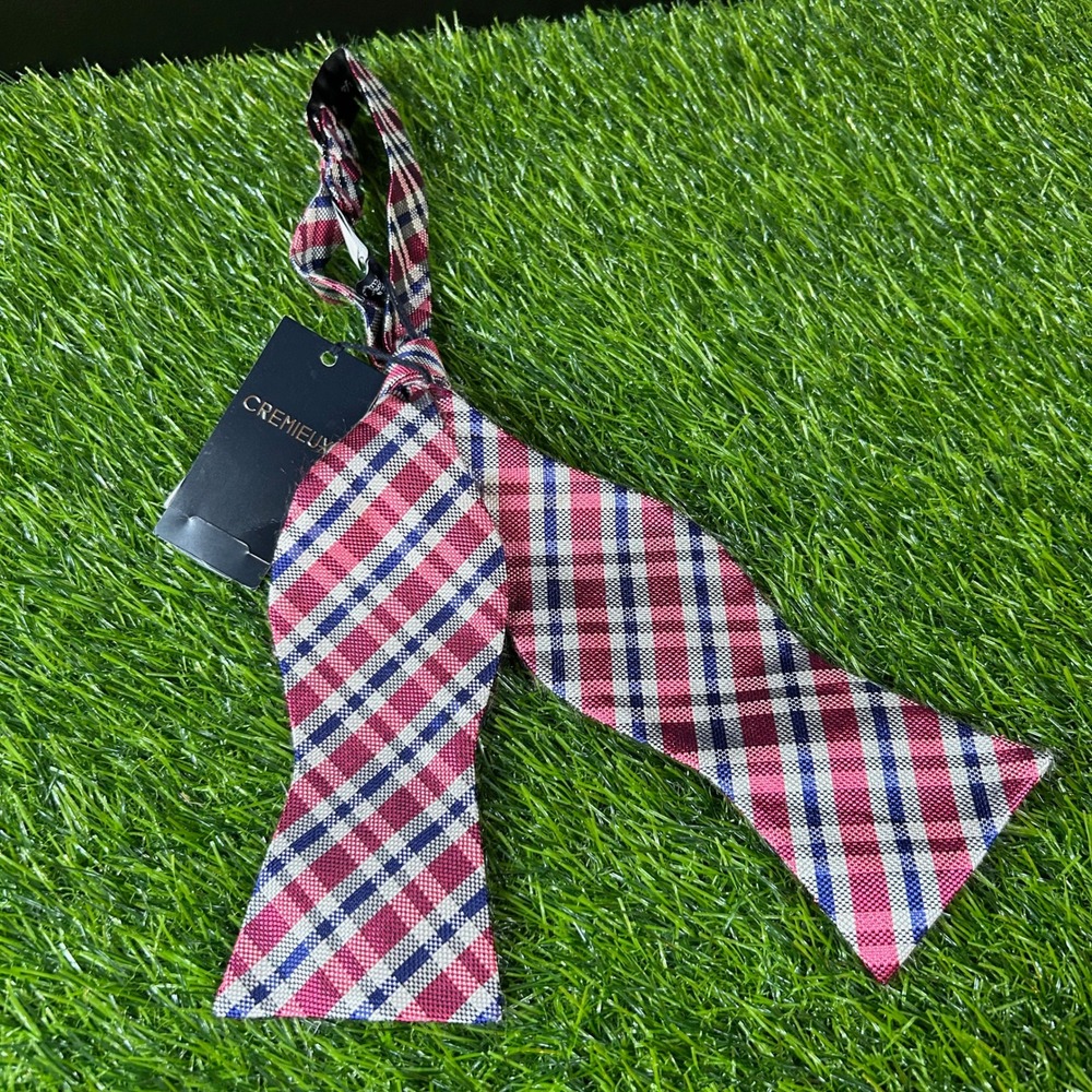 Cremieux Bow Tie Silk Plaid Self Tie Formal Party Wedding Red White Blue Men New